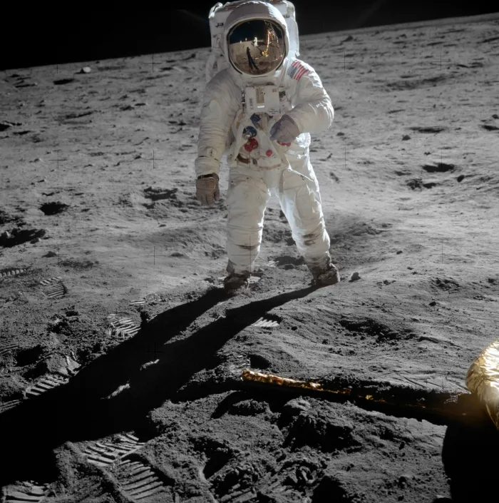 Astronaut Buzz Aldrin standing on the Moon in July 1969, photographed by Neil Armstrong