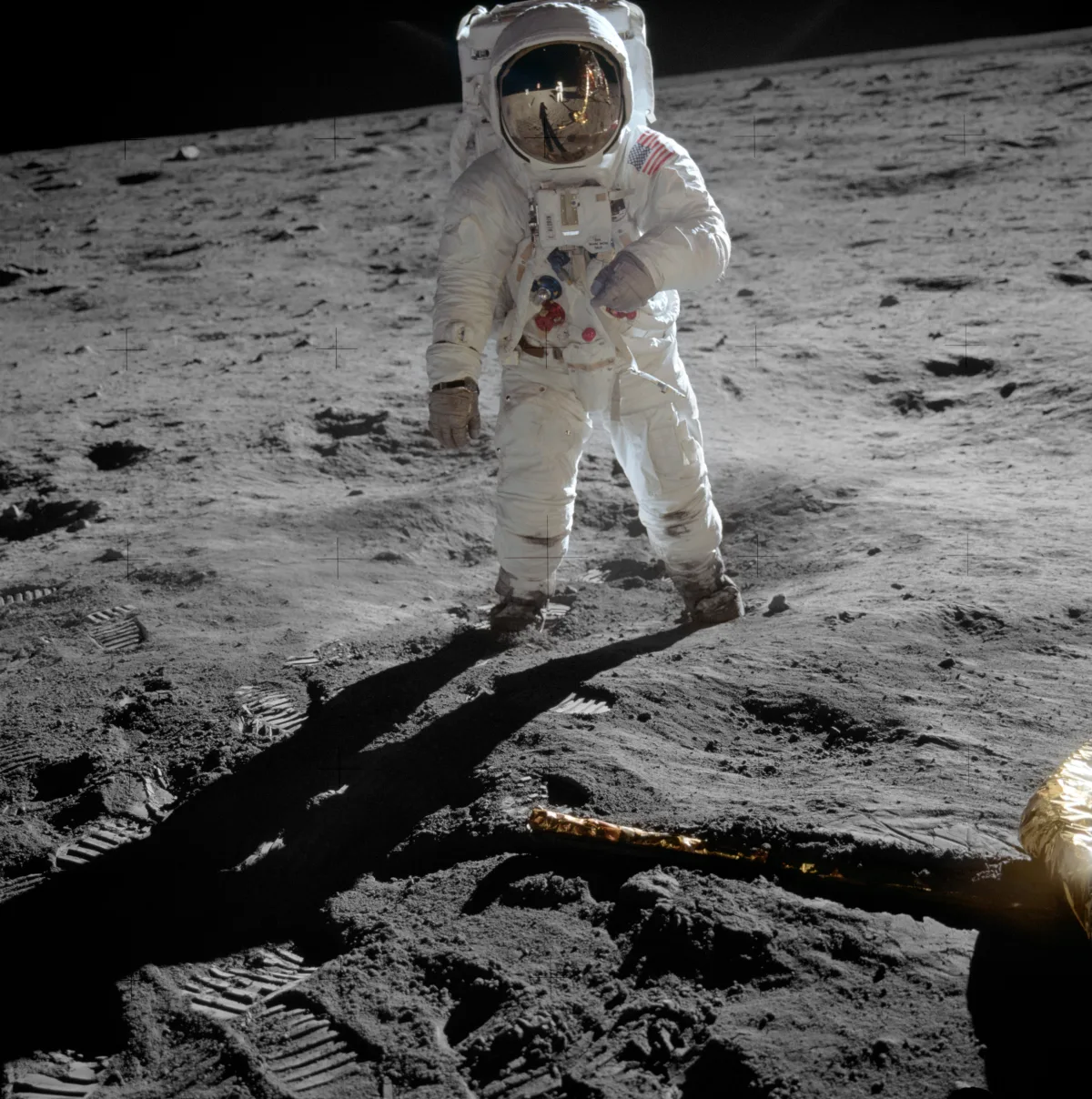 Astronaut Buzz Aldrin standing on the Moon in July 1969, photographed by Neil Armstrong