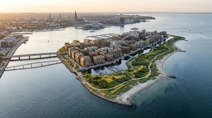 AI-generated aerial view of a green artificial peninsula with beaches and a modern district in front of the Copenhagen skyline