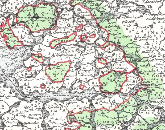 Hand-drawn 17th-century map of the old North Frisian coast with islands, church symbols and red coastlines