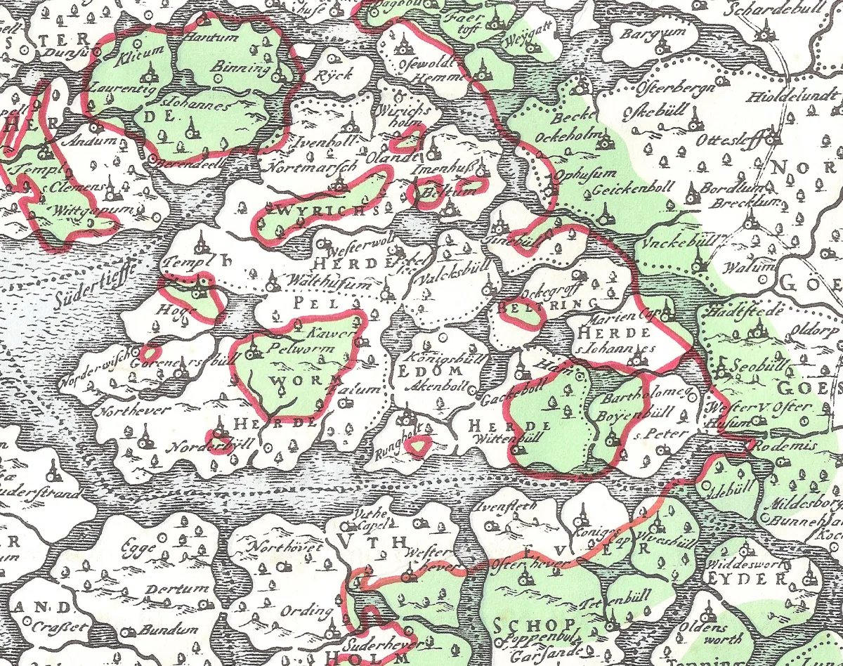 Hand-drawn 17th-century map of the old North Frisian coast with islands, church symbols and red coastlines, Rungholt marked in the lower center