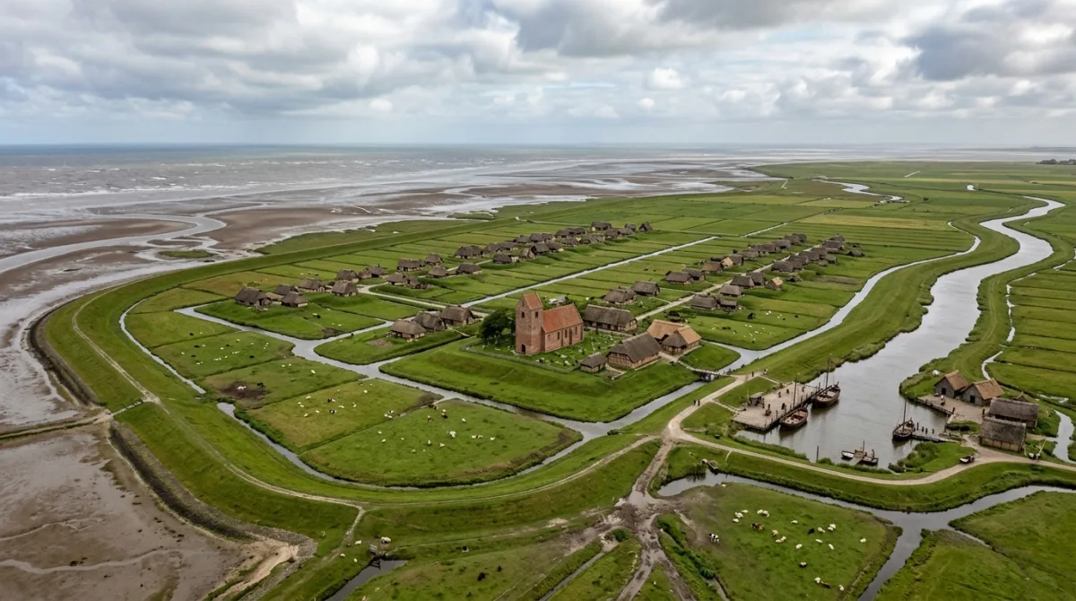 AI-generated aerial view of a medieval diked marsh polder: rows of dwelling mounds with thatched farmhouses along drainage ditches, a central brick church, a small harbor with wooden ships, tidal flats beyond the dike