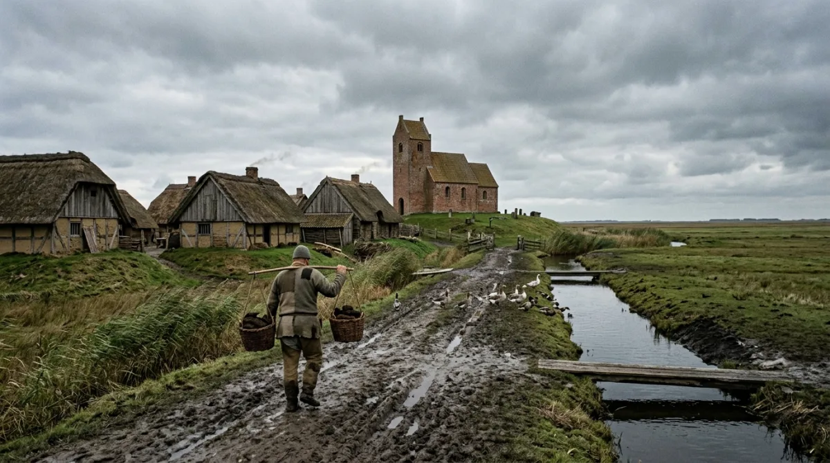 AI-generated street-level scene of a medieval marsh village: a farmer carrying peat baskets on a muddy path along a drainage ditch, thatched houses on low mounds, a brick church on its own mound under a grey sky