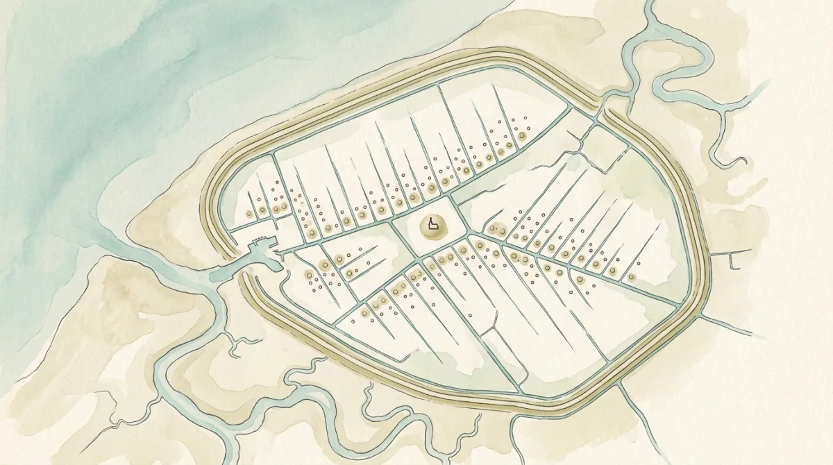 AI-generated watercolor-style reconstruction map of a diked medieval polder: dwelling mounds as dots in rows along drainage ditches, a church symbol on a central mound, a harbor, a ring dike, tidal creeks outside